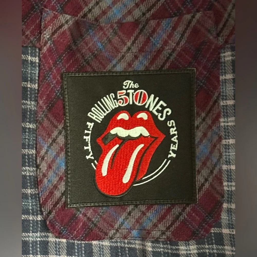 Upcycled The Rolling Stones Graphic Tee On REWIND Lightweight Flannel Shirt Sz M - Picture 5 of 8
